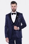 Men's Navy Jacquard 3-Piece Slim Fit Tuxedo with Velvet Shawl Lapel & Chain