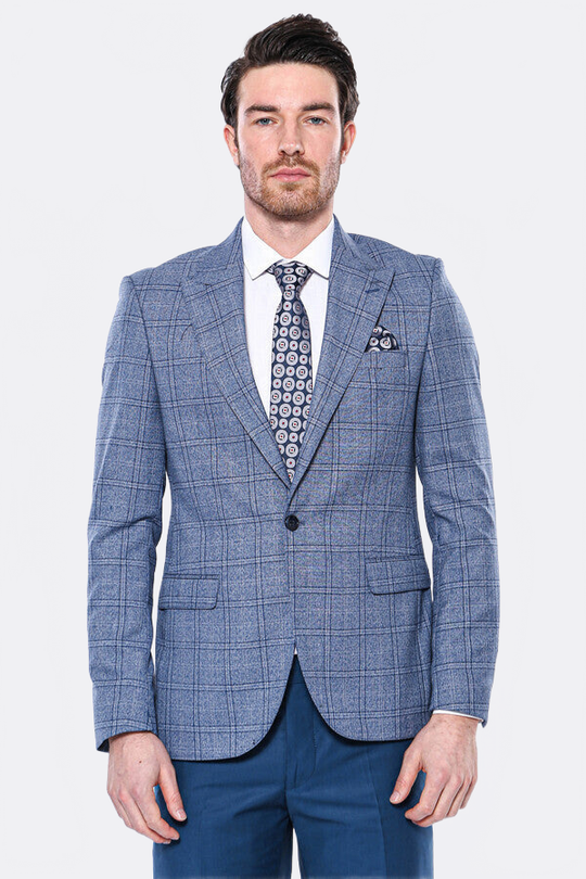 Men’s Indigo Blue Textured Checked Slim Fit Notch Lapel Blazer