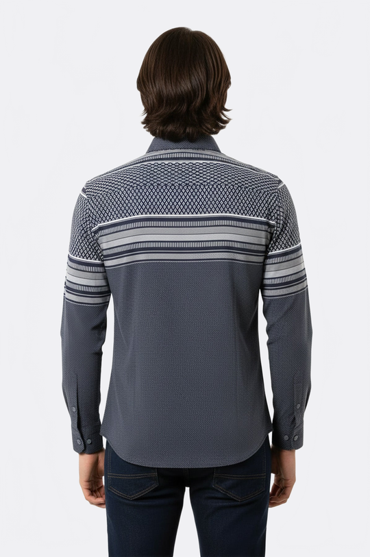 Men's Navy Blue Patterned Slim Fit Short Sleeve Shirt | Wessi