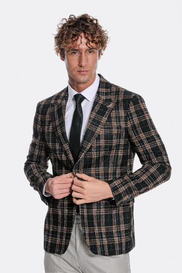 Men’s Midnight Black & Amber Plaid Slim Fit Notch Lapel Blazer