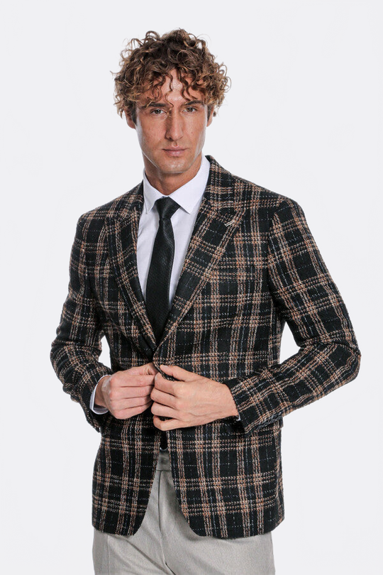Men’s Midnight Black & Amber Plaid Slim Fit Notch Lapel Blazer