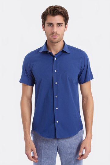 Short Sleeve Plain Navy Blue Slim Fit Shirt | Wessi