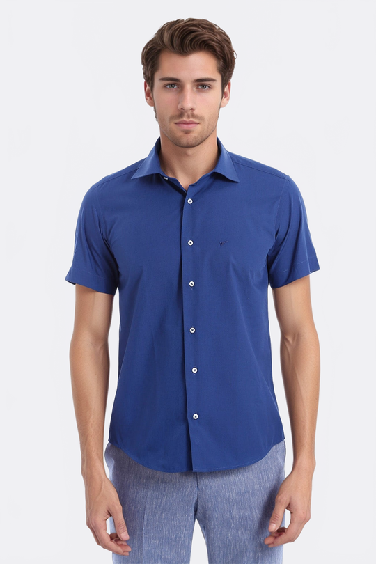 Short Sleeve Plain Navy Blue Slim Fit Shirt | Wessi