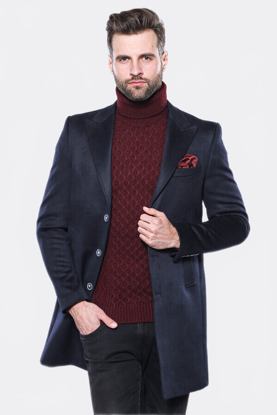 Navy Blue Slim Fit Peak Wide Lapel Long Coat – Wessi