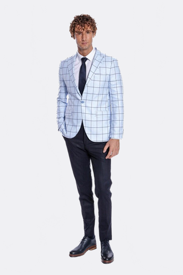 Men’s Ice Blue Windowpane Check Slim Fit Notch Lapel Sport Blazer
