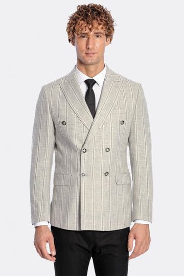 Men’s Dove Grey Striped Slim Fit Double Breasted Peak Lapel Blazer
