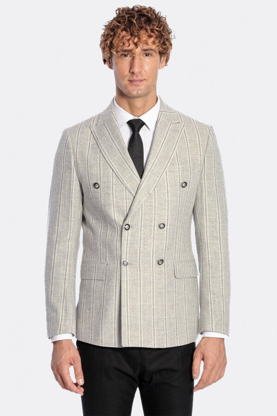 Men’s Dove Grey Striped Slim Fit Double Breasted Peak Lapel Blazer
