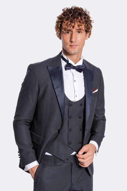 Men's Midnight Navy Jacquard Peak Lapel 3-Piece Slim Fit Tuxedo