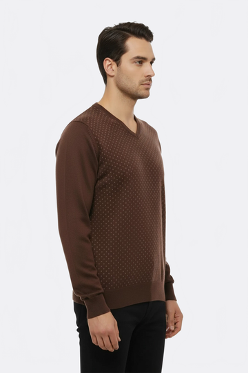 Light Brown Slim Fit Dot Patterned V-Neck Sweater – Wessi
