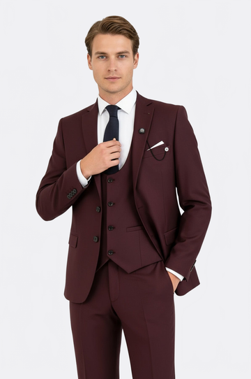 Men's Burgundy 3-Piece Slim Fit Suit with Tailored Waistcoat