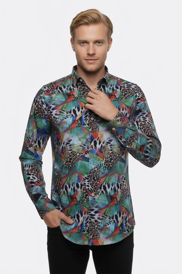 Men's Sky Blue Slim Fit Leopard Print Multicolour Shirt | Wessi