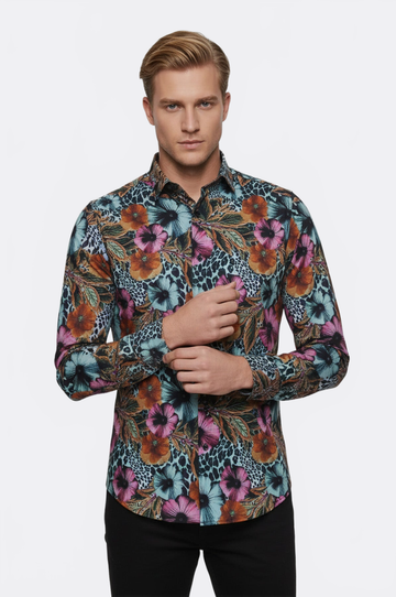 Men's White Slim Fit Floral & Leopard Print Multicolour Shirt | Wessi