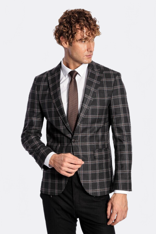 Men’s Charcoal Black Windowpane Check Slim Fit Peak Lapel Sport Blazer
