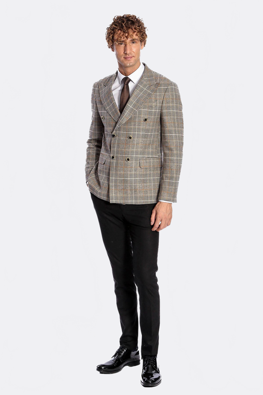 Men’s Heather Grey Checked Slim Fit Double Breasted Smart-Casual Blazer