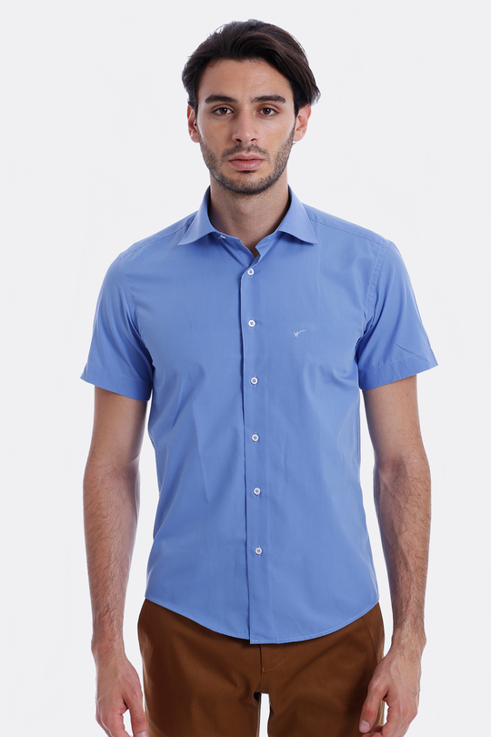 Short Sleeve Plain Blue Slim Fit Shirt | Wessi