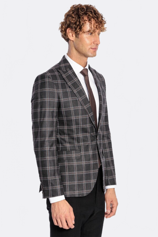 Men’s Charcoal Black Windowpane Check Slim Fit Peak Lapel Sport Blazer