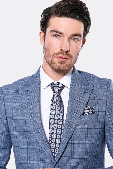 Men’s Indigo Blue Textured Checked Slim Fit Notch Lapel Blazer