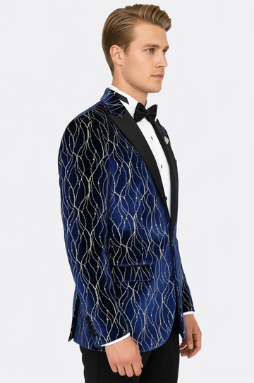 Men’s Midnight Navy & Gold-Vein Jacquard Slim Fit Peak Lapel Dinner Jacket