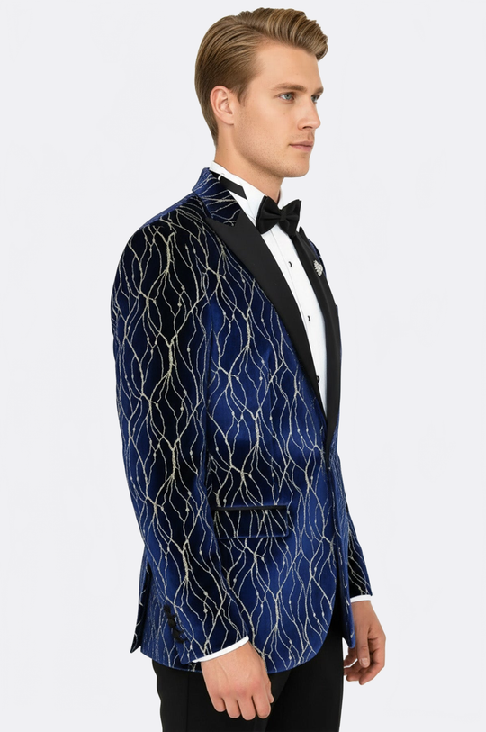 Men’s Midnight Navy & Gold-Vein Jacquard Slim Fit Peak Lapel Dinner Jacket