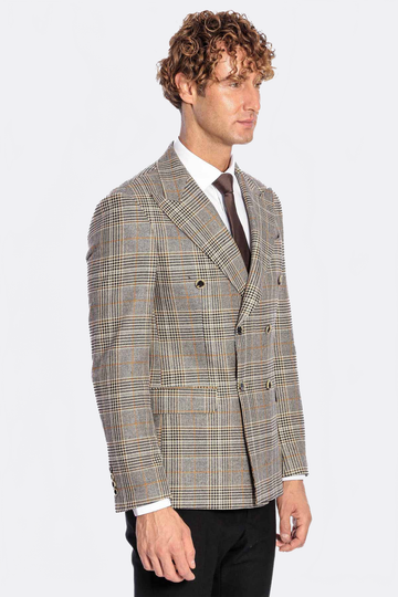 Men’s Heather Grey Checked Slim Fit Double Breasted Smart-Casual Blazer
