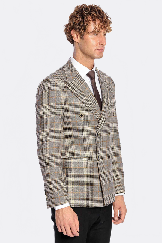 Men’s Heather Grey Checked Slim Fit Double Breasted Smart-Casual Blazer