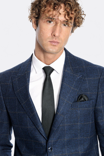 Men’s Navy Blue Windowpane Plaid Wool Blend Slim Fit Notch Lapel Blazer