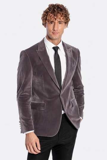 Men’s Grey Velvet Slim Fit Wide Peak Lapel Blazer