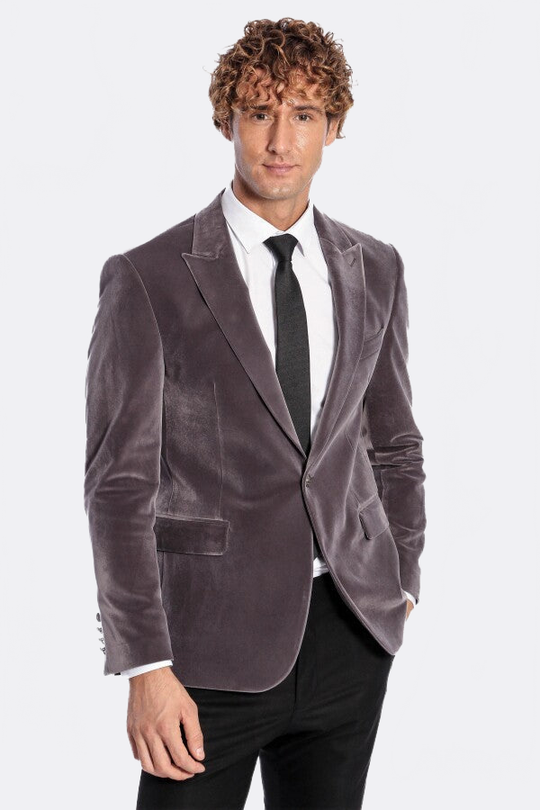 Men’s Grey Velvet Slim Fit Wide Peak Lapel Blazer