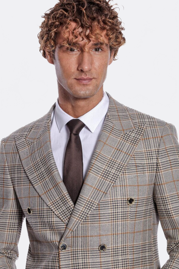 Men’s Tawny Brown Checked Slim Fit Double Breasted Smart-Casual Blazer