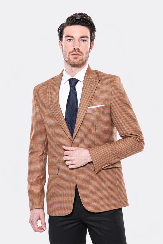 Men’s Orange Micro-Check Slim Fit Peak Lapel Sport Blazer