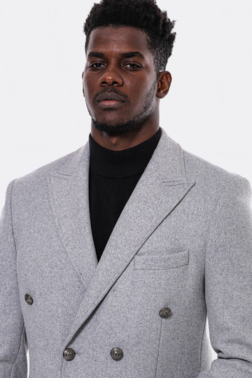 Grey Slim Fit Double Breasted Metal Button Wool-Rich Long Coat – Wessi