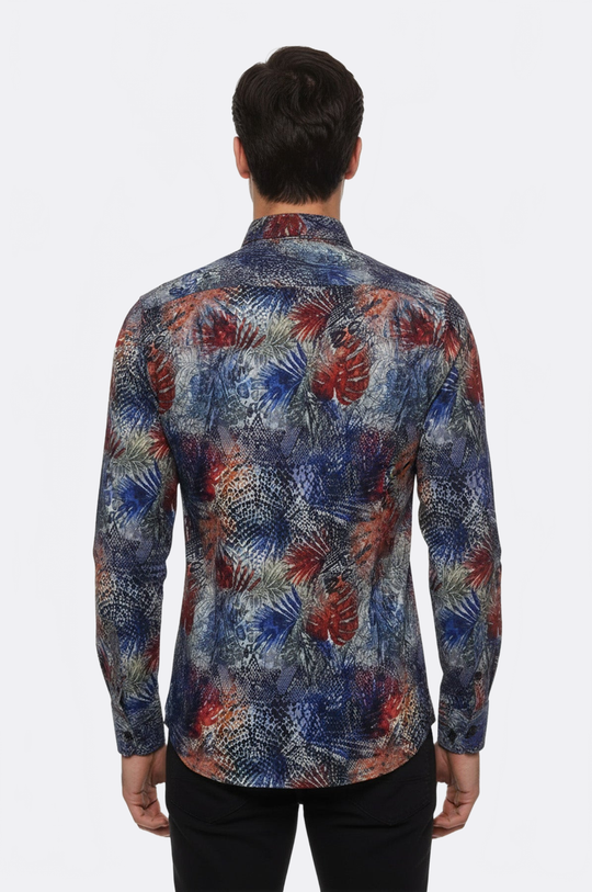 Men's Navy Blue Slim Fit Red Leaf Print Shirt | Wessi