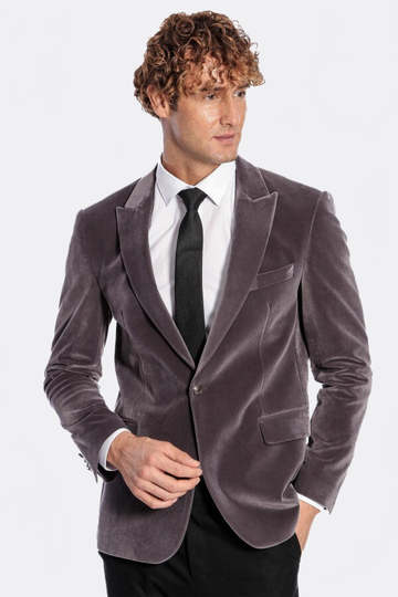 Men’s Grey Velvet Slim Fit Wide Peak Lapel Blazer