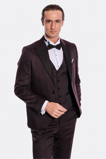 Men's Deep Claret Micro-Patterned 3-Piece Slim Fit Tuxedo with Shawl Lapel