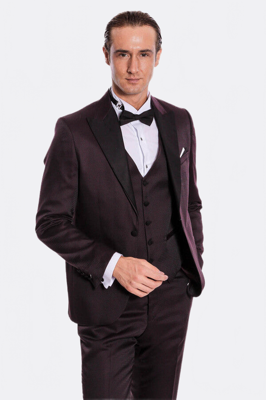 Men's Deep Claret Micro-Patterned 3-Piece Slim Fit Tuxedo with Shawl Lapel