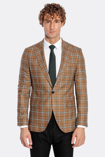 Men’s Toffee Brown & Blue Windowpane Check Slim Fit Notch Lapel Sport Blazer