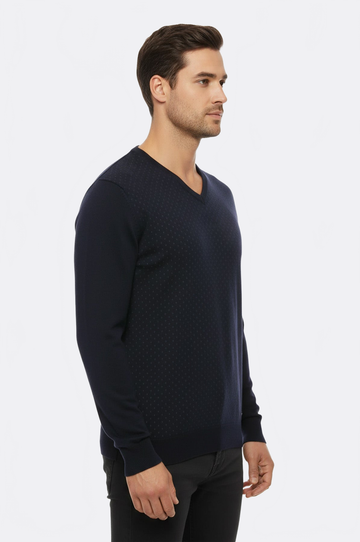 Navy Blue Slim Fit Dot Patterned V-Neck Sweater – Wessi