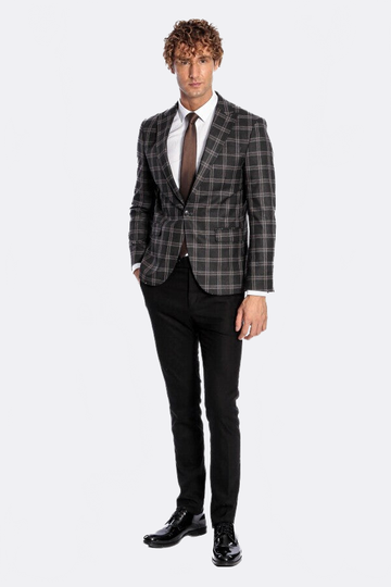 Men’s Charcoal Black Windowpane Check Slim Fit Peak Lapel Sport Blazer