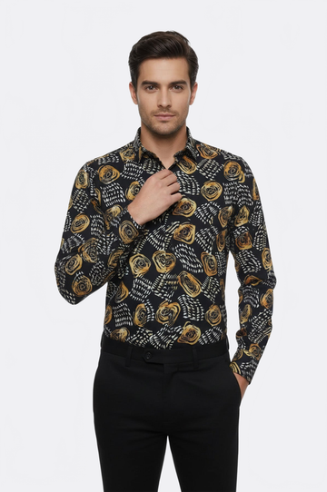 Men's Black Slim Fit Floral Patterned Cotton Shirt | Wessi