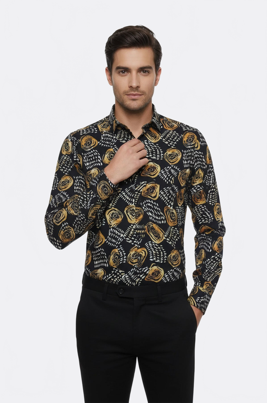Men's Black Slim Fit Floral Patterned Cotton Shirt | Wessi