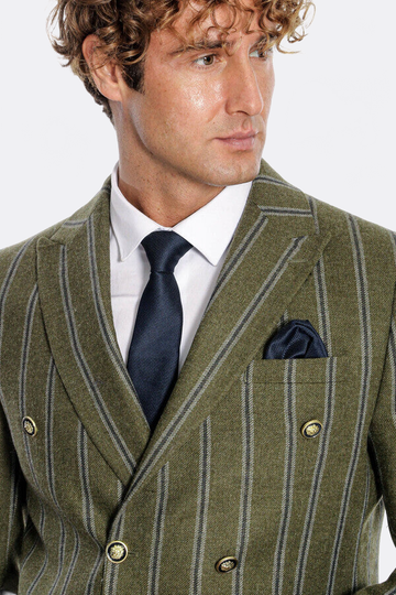 Men’s Forest Green Striped Slim Fit Double Breasted Peak Lapel Blazer