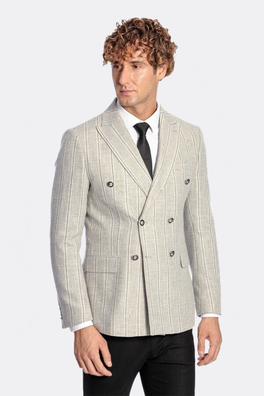 Men’s Dove Grey Striped Slim Fit Double Breasted Peak Lapel Blazer