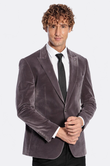 Men’s Grey Velvet Slim Fit Wide Peak Lapel Blazer