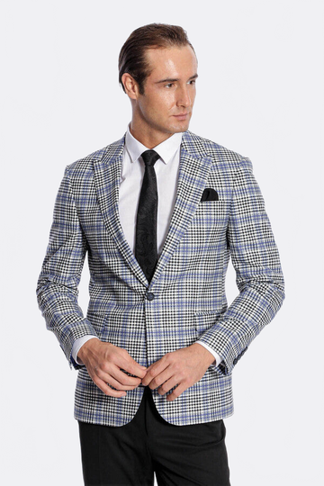 Men’s Blue & Black Glen Plaid Slim Fit Notch Lapel Sport Blazer