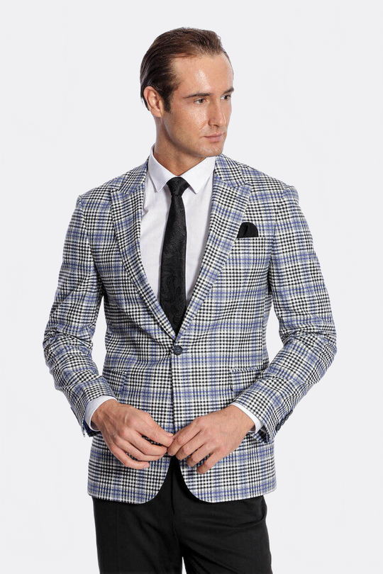 Men’s Blue & Black Glen Plaid Slim Fit Notch Lapel Sport Blazer