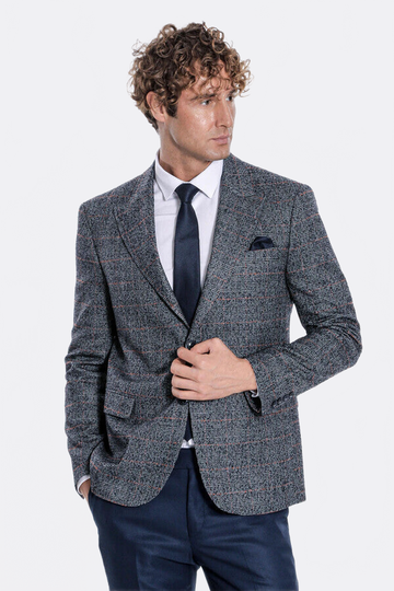 Men’s Midnight Navy Checked Slim Fit Single Breasted Smart-Casual Blazer