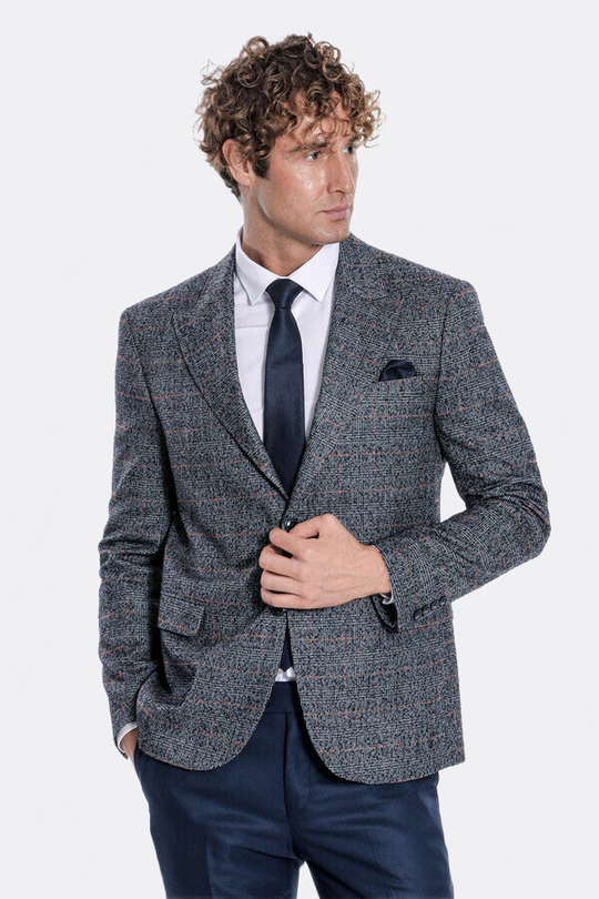 Men’s Midnight Navy Checked Slim Fit Single Breasted Smart-Casual Blazer