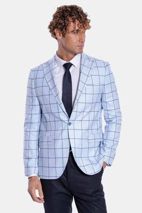 Men’s Ice Blue Windowpane Check Slim Fit Notch Lapel Sport Blazer