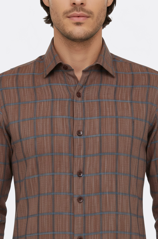 Men's Brown Slim Fit Plaid Cotton Shirt | Wessi