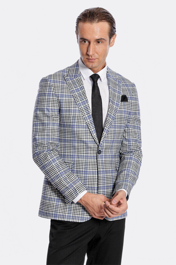 Men’s Blue & Black Glen Plaid Slim Fit Notch Lapel Sport Blazer